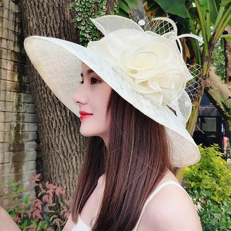 Fascinating Kentucky Big Hat Ladies Tea Party Wedding Summer Organza Women Flower Large Wide Brim Fashion Vintage Fedora 250512
