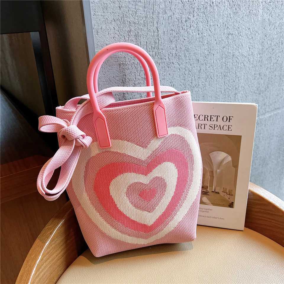 Fashion Knit Handbag Women Tote Shoulder Bag Heart Color Contrast Female Crossbody Bag Portable Ladies Beach Handbag ShoppingBagW250512