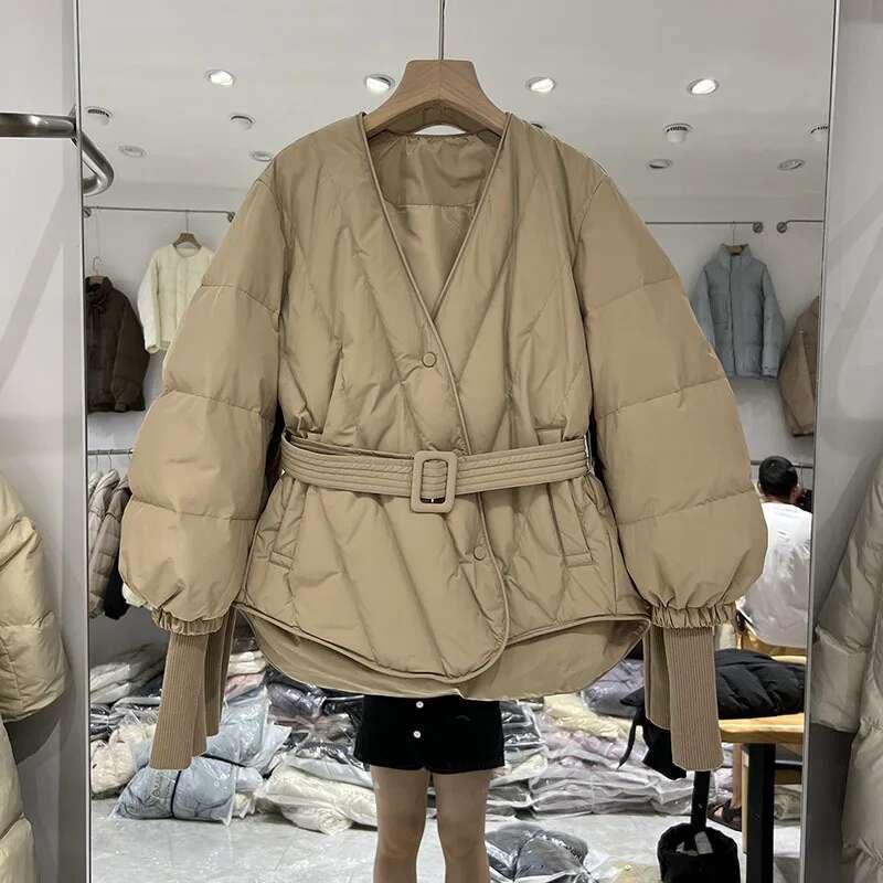 New Design Women Winter Jacket Solid Sashes Coat Female 90 White Duck Puffer Down Parka Sweet Office Outwear Designer