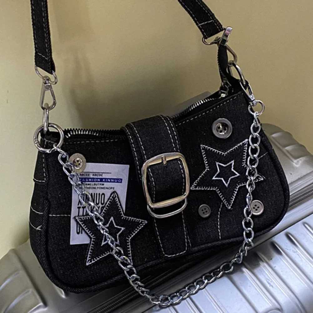 Women Cool Style Tote Purse Large Capacity Y2K Star Denim Underarm Bag Vintage Armpit Bag Solid Color Simple Commuting BagXJ250512