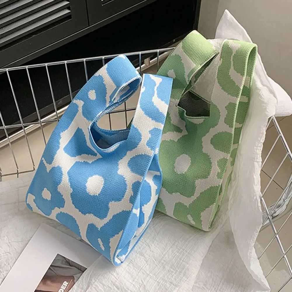 1Pc Knitted Wrist Bag Women Bag Casual Shoulder Bag Tote Bag Flower Print Female Reusable Shopping Bags Woven Handbag FashionW250512