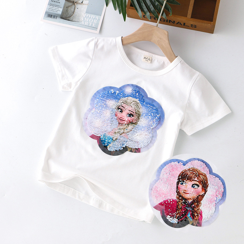 DISNEY Frozen Princess Elsa toddler designer clothes Children's summer clothes girl short-sleeved T-shirt girl color-changing sequin top.