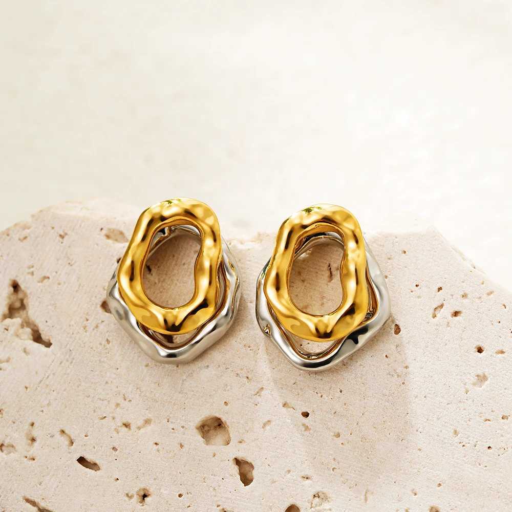 Geometric Stainless Steel Gold Sliver Color Bilayer Stud Earring for Women Irregular Metal Texture Fashion Jewelry Gift Y250510