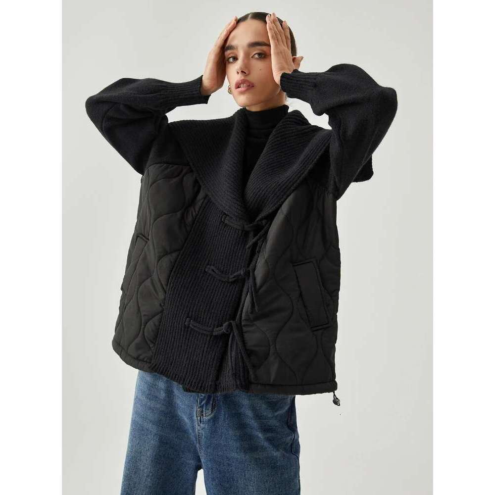 ZBZA Vintage Splicing Knit Padded Jacket Navy Collar Long-sleeved Single Breasted Pocket Quilting Overcoat Winter New Lady Coat