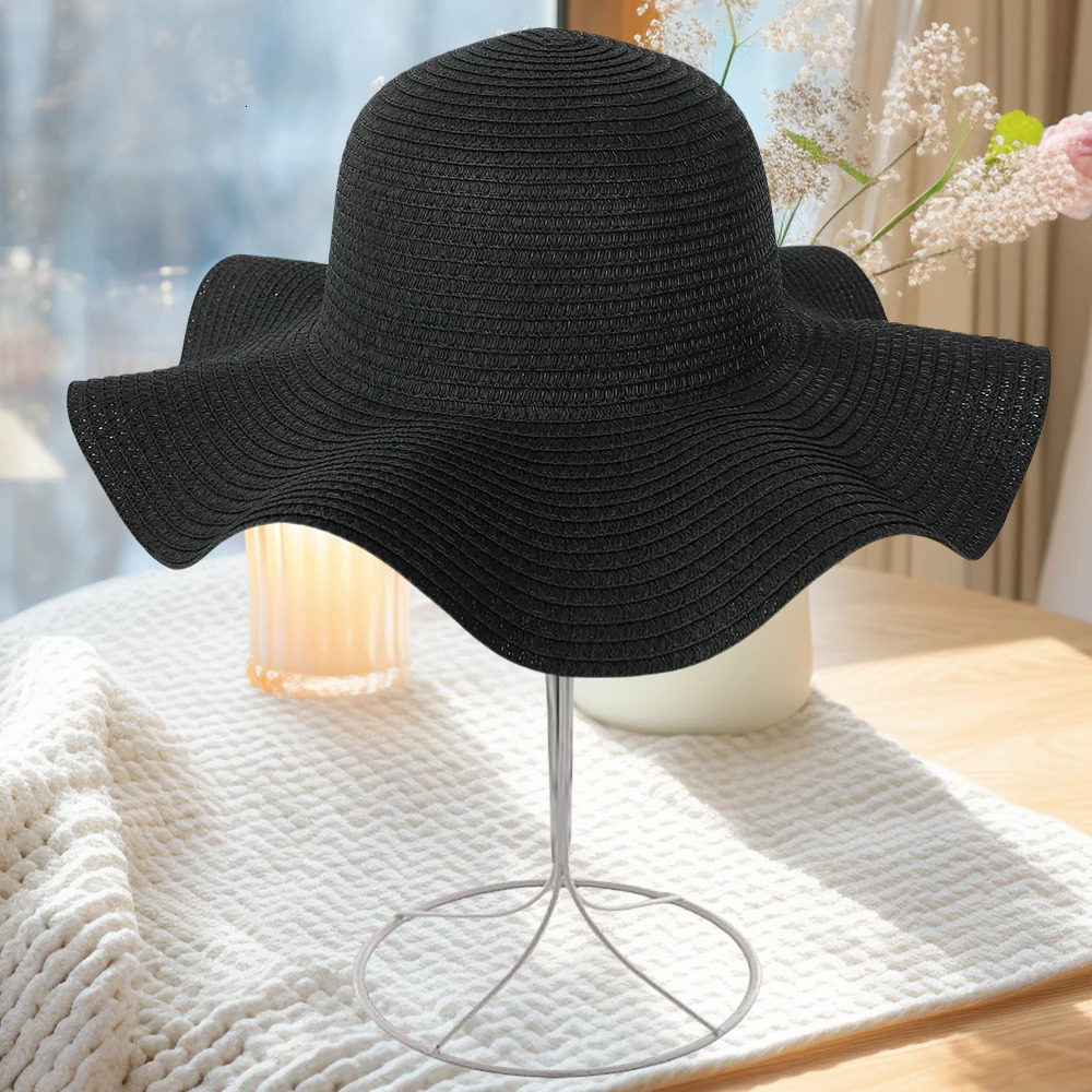Summer Simple Solid Color Wave Edge Straw Hat for Womens Outdoor Vacation Sunscreen Big Brimmed Sunshade 250512