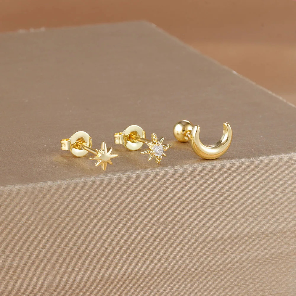 3Piece Stainless Steel Star Moon Ear Stud Earrings Set Women Daily Wear Cartilage Piercing Earring Punk Unisex Rock Jewelry 250512