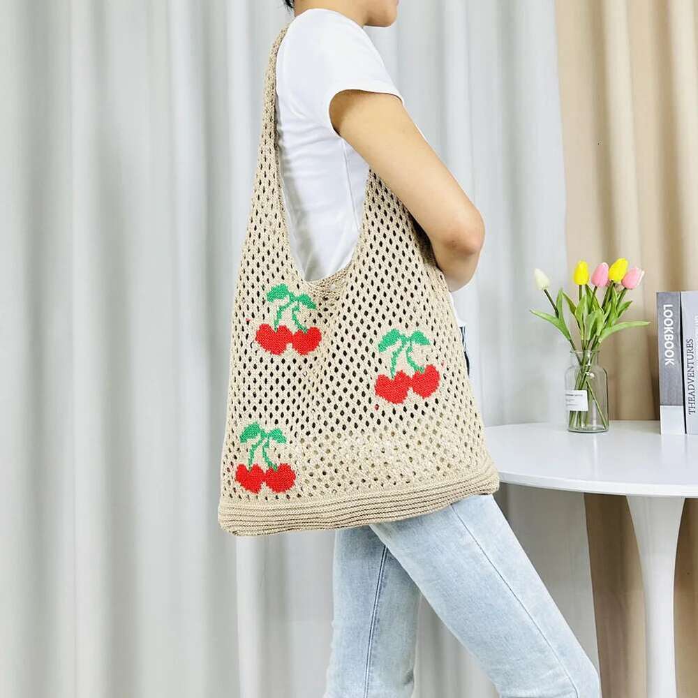 Cute Strawberry Cherry Crochet Shoulder For Women Large Shopper Casual Tote Handbags Summer Beach 2024 New Women's Bag