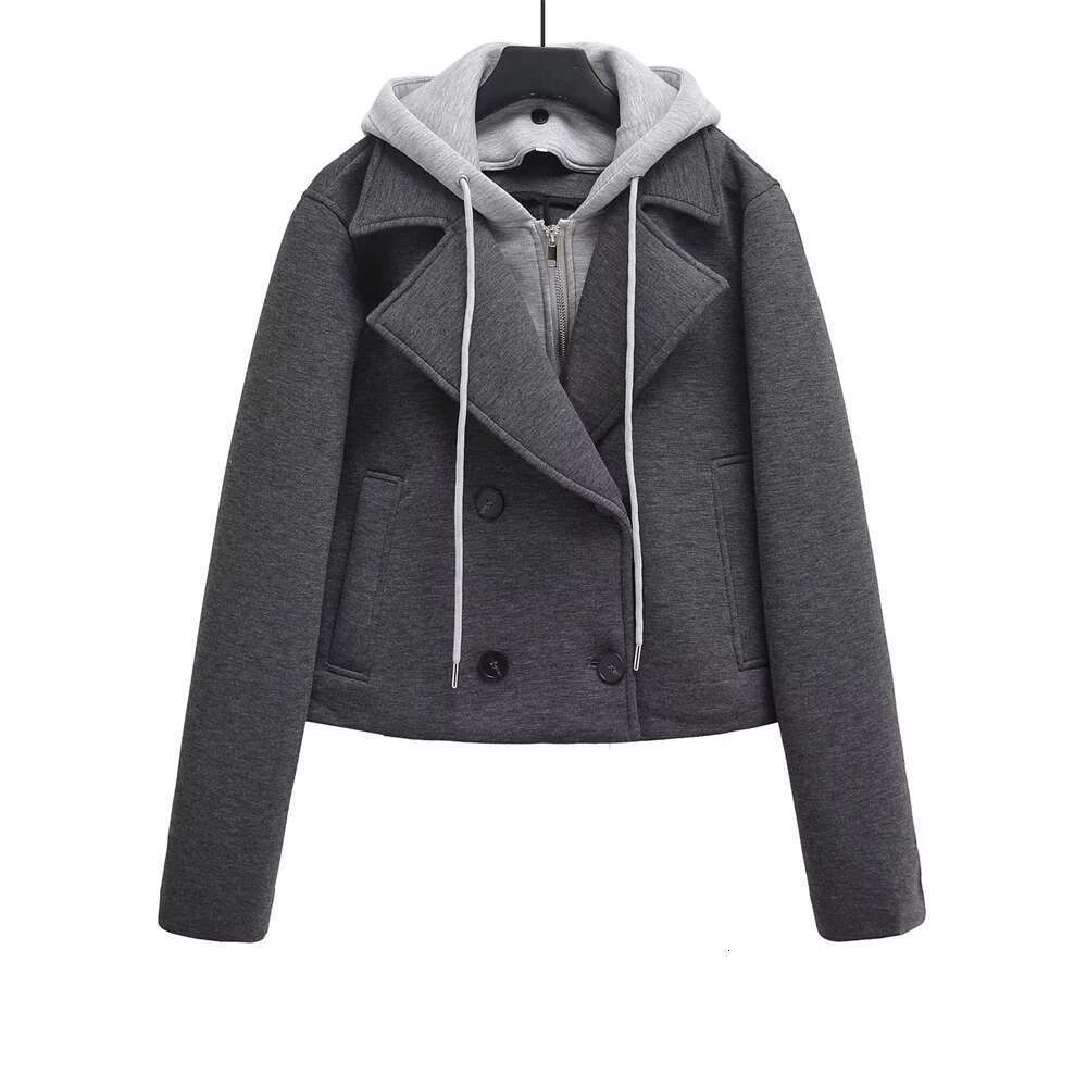 PB&ZA early autumn new women's fake two-piece lapel hooded long-sleeved double-breasted patchwork short jacket