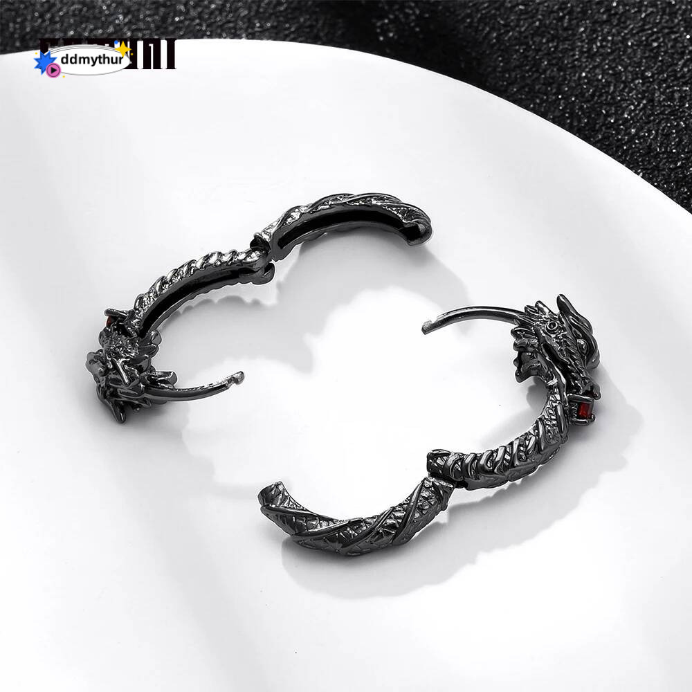 Catuni Hot Dragon Goth Punk Hoop Earrings Copper inlaid Red Zircon Hip Hop Rock Earring Jewelry Accessories Gift for Man Woman ddmythur
