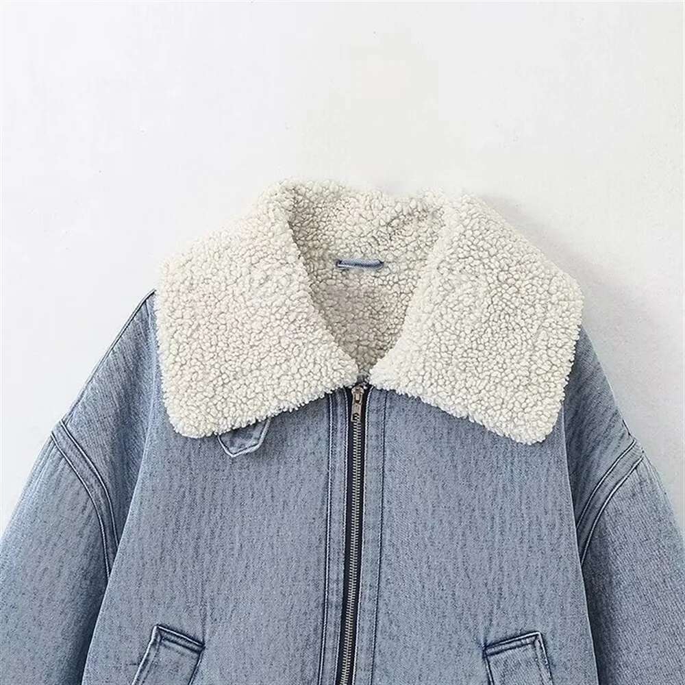 TRAF Autumn New Product Women's Fashion Casual Collar Cowboy Zipper Thickened Long Sleeve Jacket Coat
