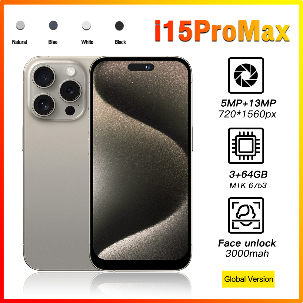 I15 Pro Max 5G Smartphone 4G LTE 64 Processeur MTK octa-core Android 13 Système d'exploitation Face ID USB-C 3.0 6,9 pouces Full Screen 20MP