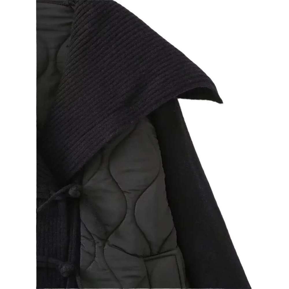 ZBZA Vintage Splicing Knit Padded Jacket Navy Collar Long-sleeved Single Breasted Pocket Quilting Overcoat Winter New Lady Coat