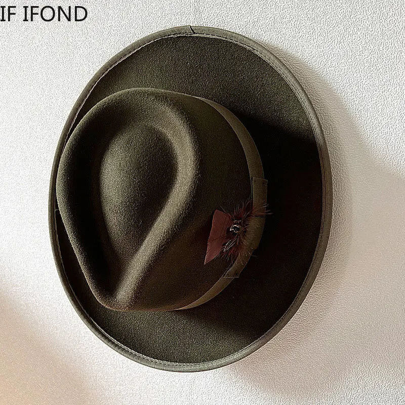 Handmade Feathers Felt Fedora Hat Vintage Men Panama Trilby Hats Curved Brim Gentleman Party Dress Cap 250512