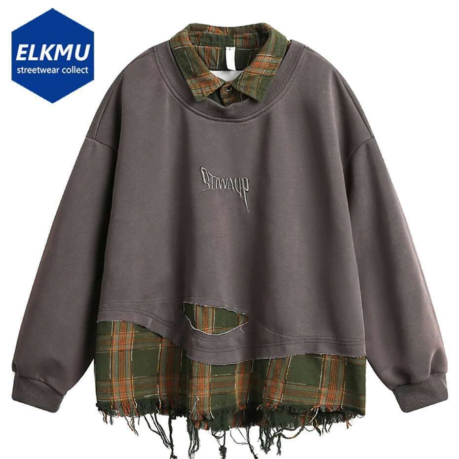 Plaid Splicing Sweatshirt Men Oversized Haruku Hip Hop Streetwear Pullover Fake Two Piece Loose Y2k Hoodie Male Designer