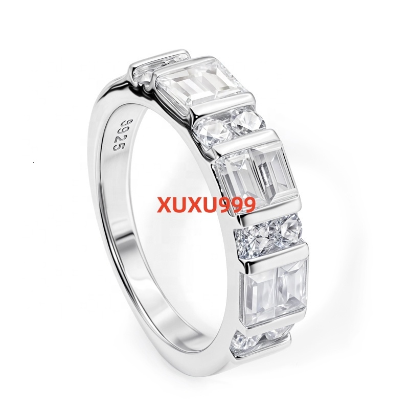 Star Track Promise Rectangle and Round Moissanite Diamond Ring S925 Silver Simple Fashion