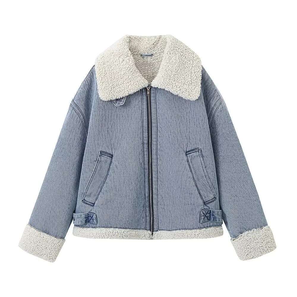 TRAF Autumn New Product Women's Fashion Casual Collar Cowboy Zipper Thickened Long Sleeve Jacket Coat