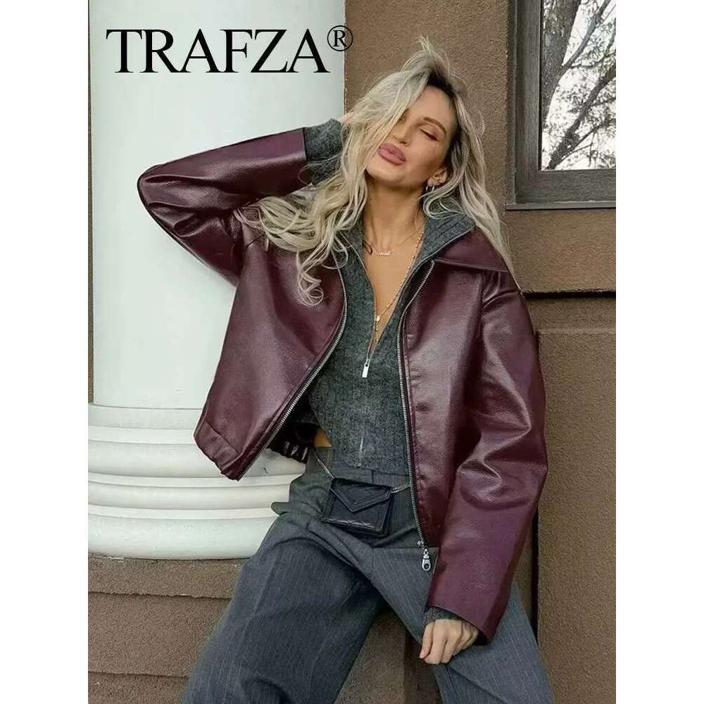 TRAFZA Wine Red Faux Leather Jakcet Fashion Outerwear Thicken Zipper Lapel Pu Coats Autumn Winter Streetwear Ladies Tops Women
