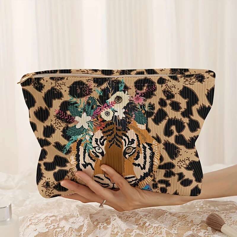 Fashionable Tiger Leopard Print Corduroy Makeup Zipper, Lightweight Multifunctional Cosmetic Storage Bag With Lining