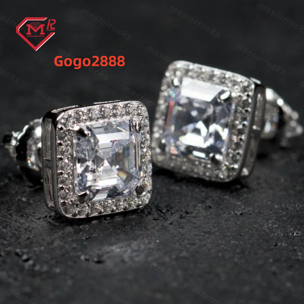 Hip Hop Stud Earrings for Men Customized 925 Sterling Silver Iced Out Vvs Square Moissanite Earrings