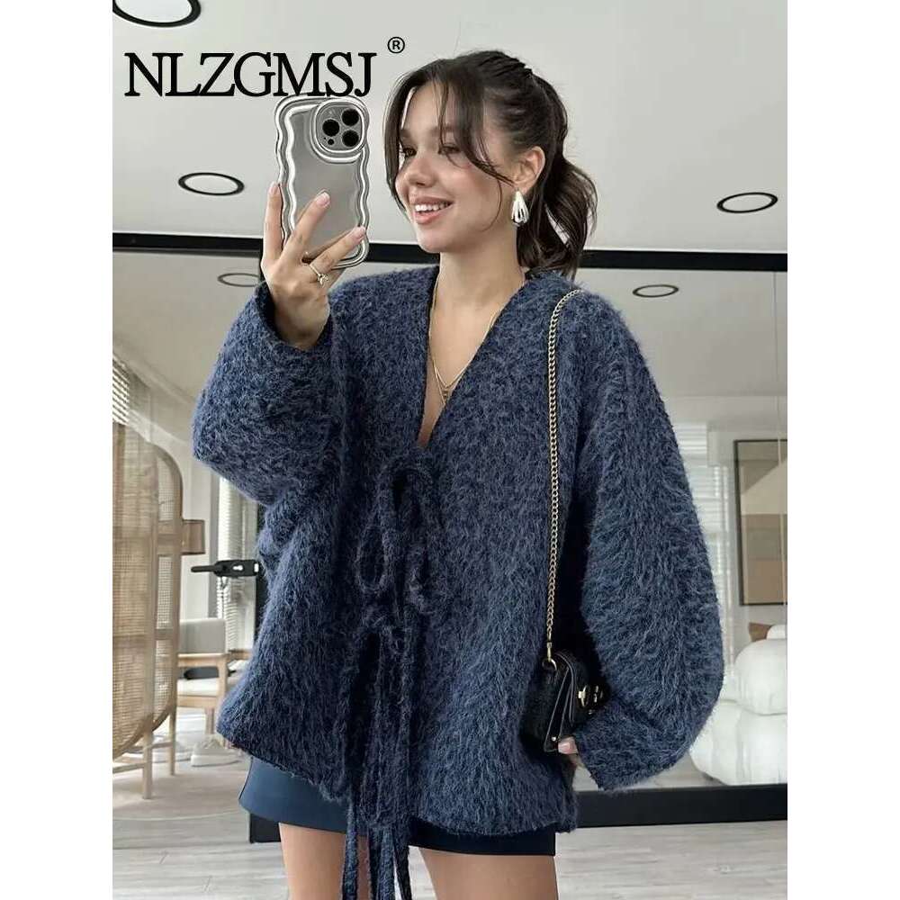 2024 Autumn Wintervintage Casual Chic Women Jackets Solid V-Neck Long Sleeve Lace-Up Loose Thick Coats Fashion Outwears