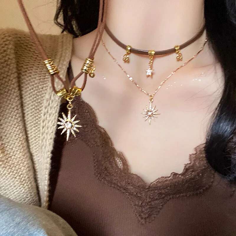 Fashion Sun Zircon For Women Vintage Leather Choker Necklace Double Layered Star Pendant Jewelry Adjustable Chain