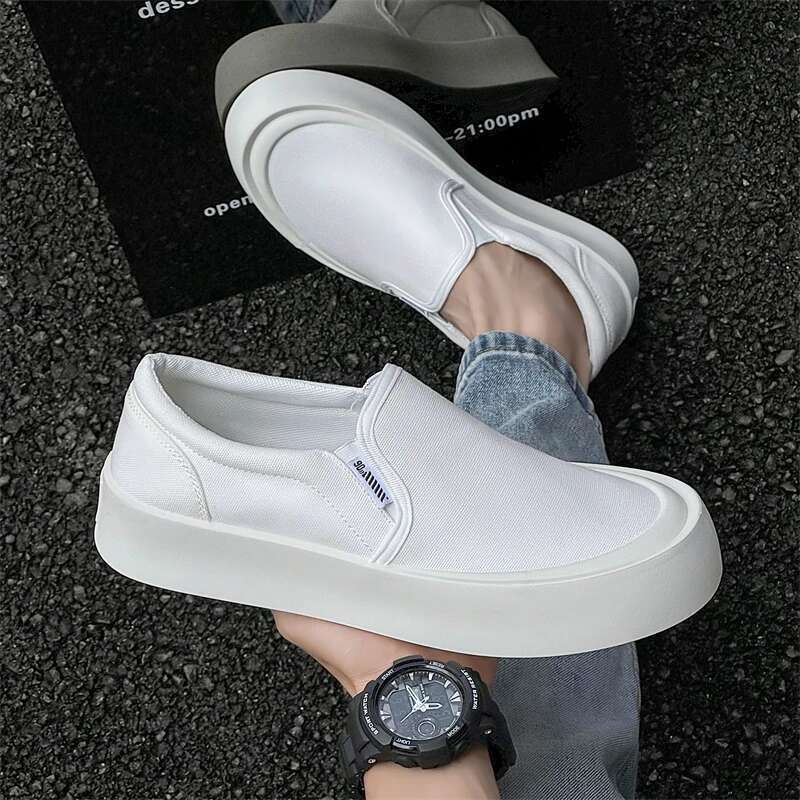 Men's canvas high-quality loafers fashionable thick soles versatile casual sports board white lazy shoes