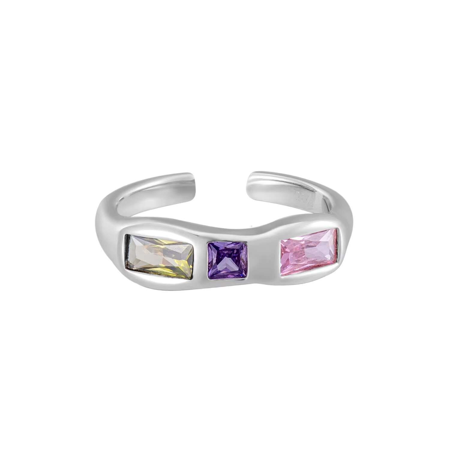 925 Sterling Silver Korean Version Joker Ring Inlaid Color Zircon Open Design Irregular Contrast Perfect Engagement Wedding Gift