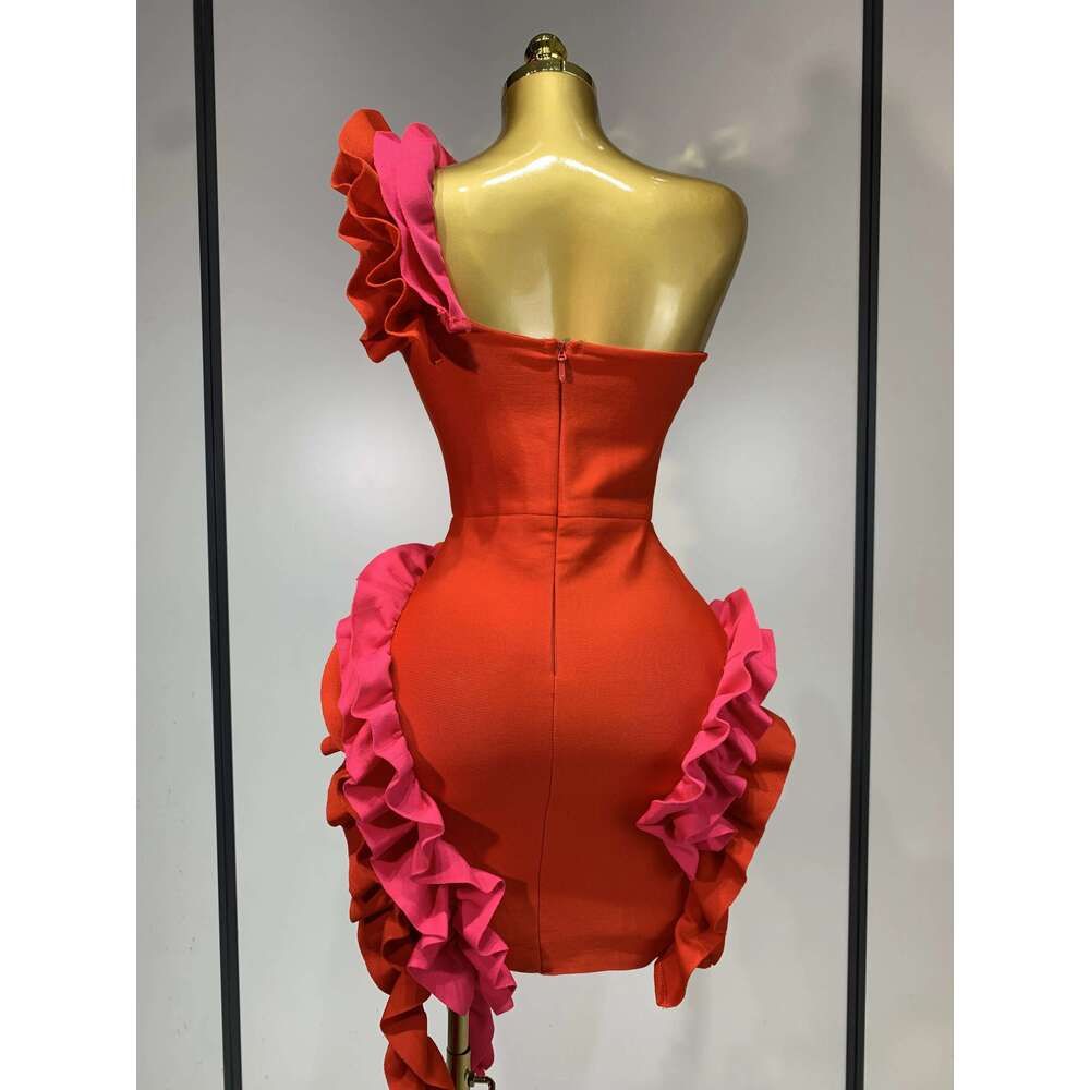 Women Sexy One Shoulder Red Ruffles Bodycon Bandage Dress 2025 Celebrity Elegant Evening Birthday Party Club Dresses