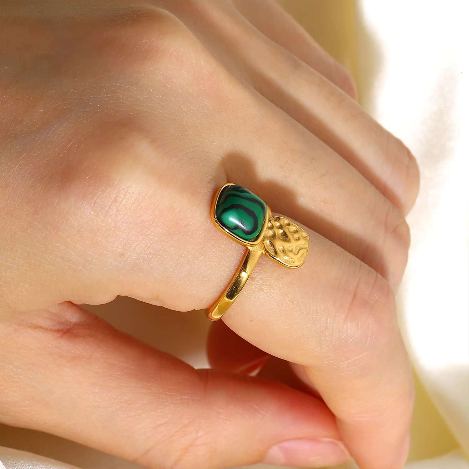 Stainless Steel Stackable Open Ring Wedding Green Gemstone Emerald Natural Stone Ring for Women