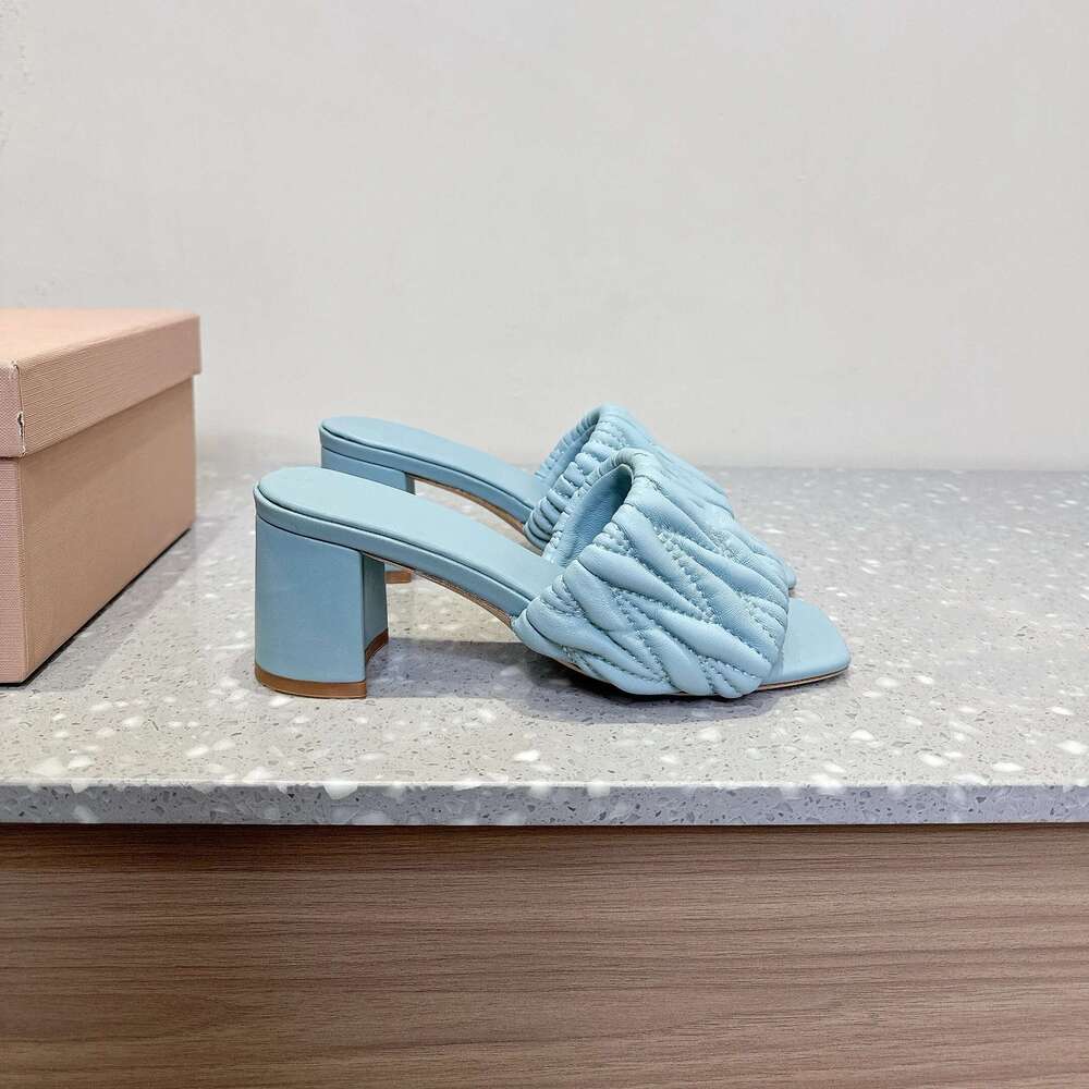 Women Size35-41 Genuine Leather Slippers High Heels Pleated Sewing Pumps Summer Slides Designer Shoes Zapatillas De Mujer