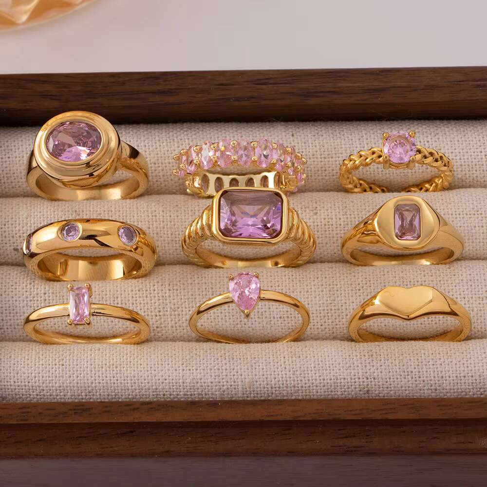 Fashion Multiple Styles Wedding Pvd Gold Plated Stainless Steel Inlaid pink Stone Rings for Women