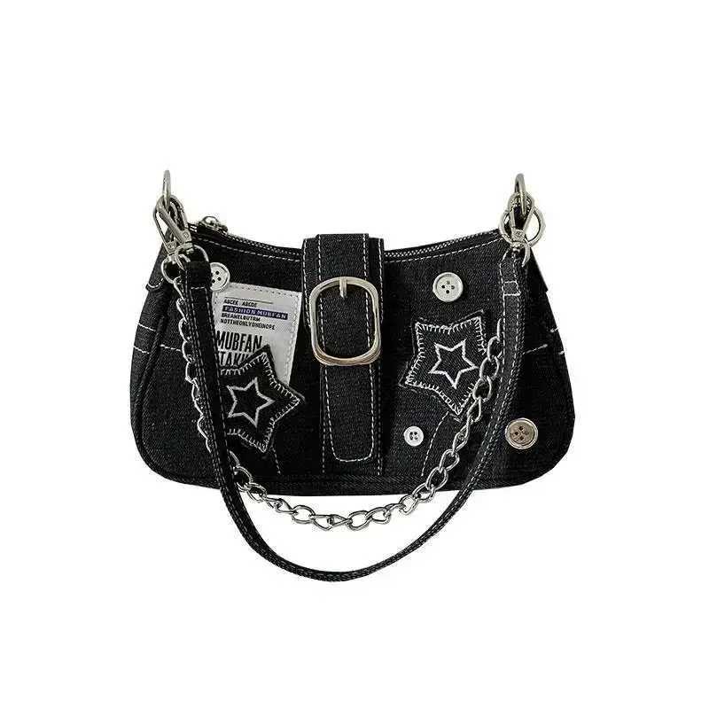 Y2K Women Korean Harajuku Goth Star Girl Black Hand Bag Fairy Grunge Aesthetic Wallet Shoulder Handbag Purses Baguette Tote BagsW250512