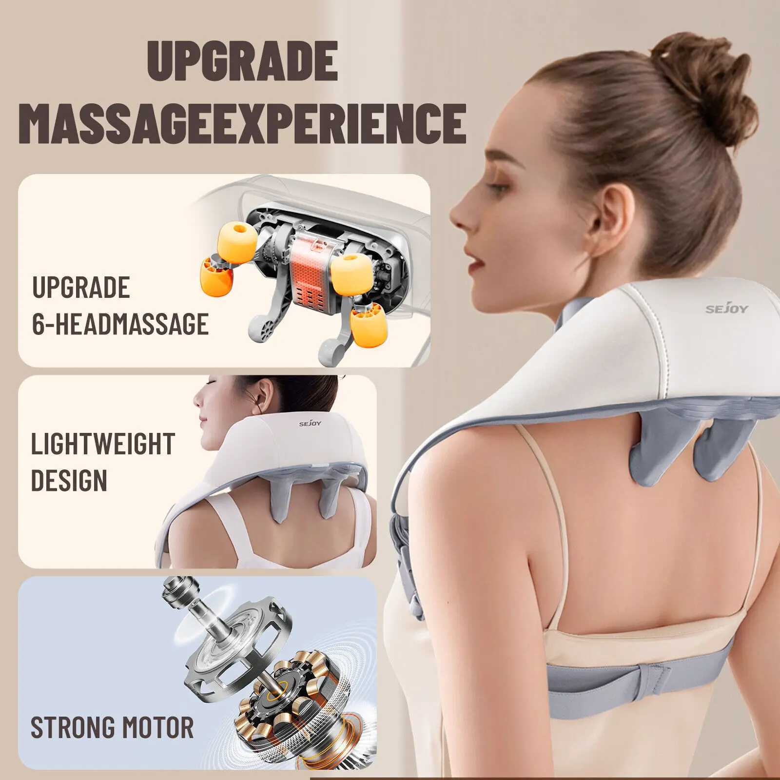 Sejoy Rechargeable Neck Massager with Heat Air Compression Wireless Circulation Massage Electric Shiatsu Neck Shoulder MassagerW250512