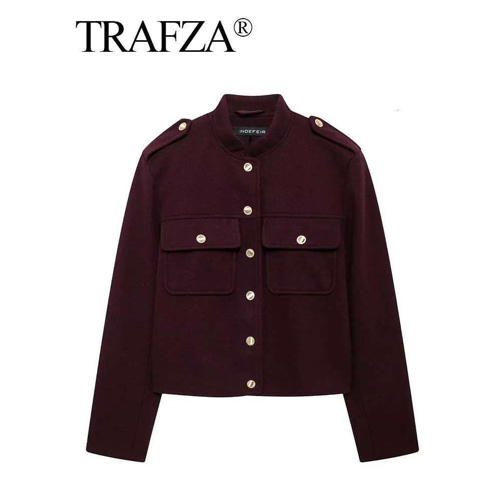 TRAFZA Women Vintage Wine Red Coat O Neck Long Sleeve Single Breasted Jacket With Pockets Autumn Casual Office Lady Outerwear