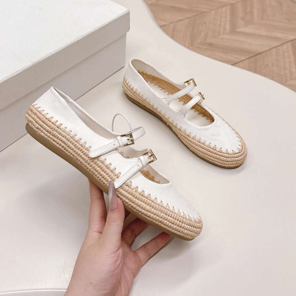 Women Size35-41 Natural Cow Suede Flats Mary Janes Flat Platform Weave Genuine Leather Designer Shoes Zapatillas De Mujer