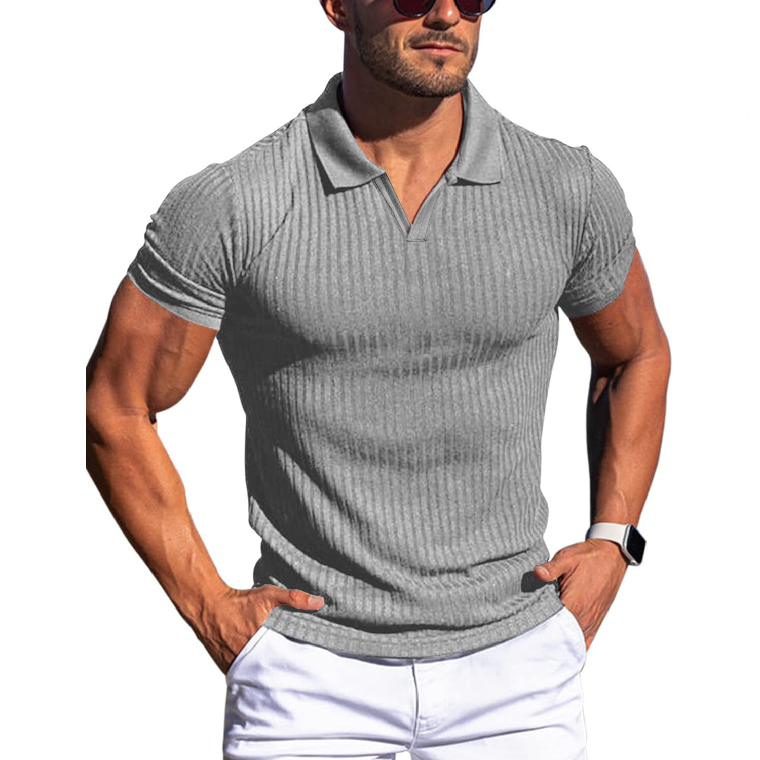 Summer polo shirt lapel V-neck vertical stripe short sleeve mens T-shirt250512