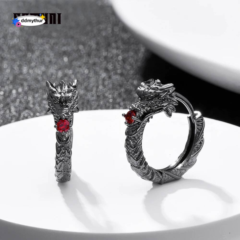 Catuni Hot Dragon Goth Punk Hoop Earrings Copper inlaid Red Zircon Hip Hop Rock Earring Jewelry Accessories Gift for Man Woman ddmythur