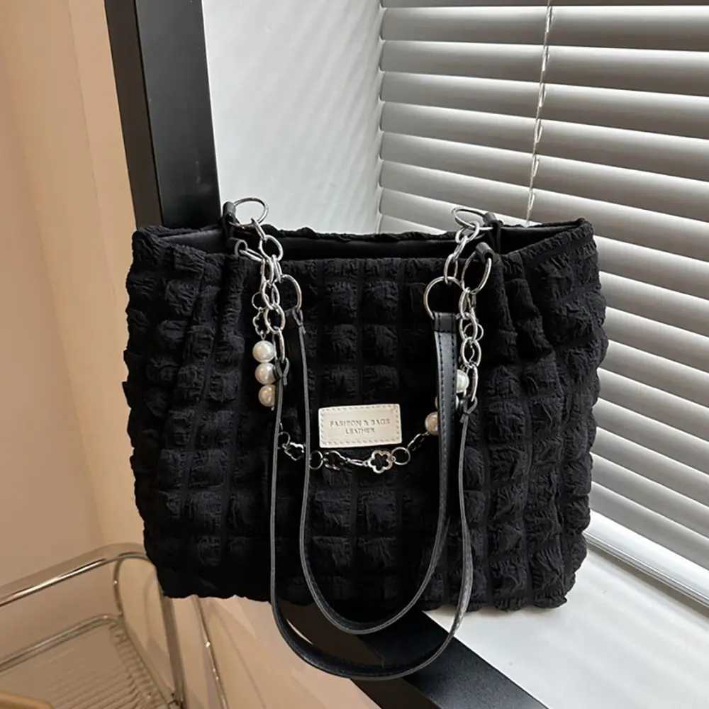Large Capacity Ladies Tote Bag Fashion Plaid Womens Beaded Chain Shoulder Bags Soft Fabric Commuter Female Handbags Purse Z250512