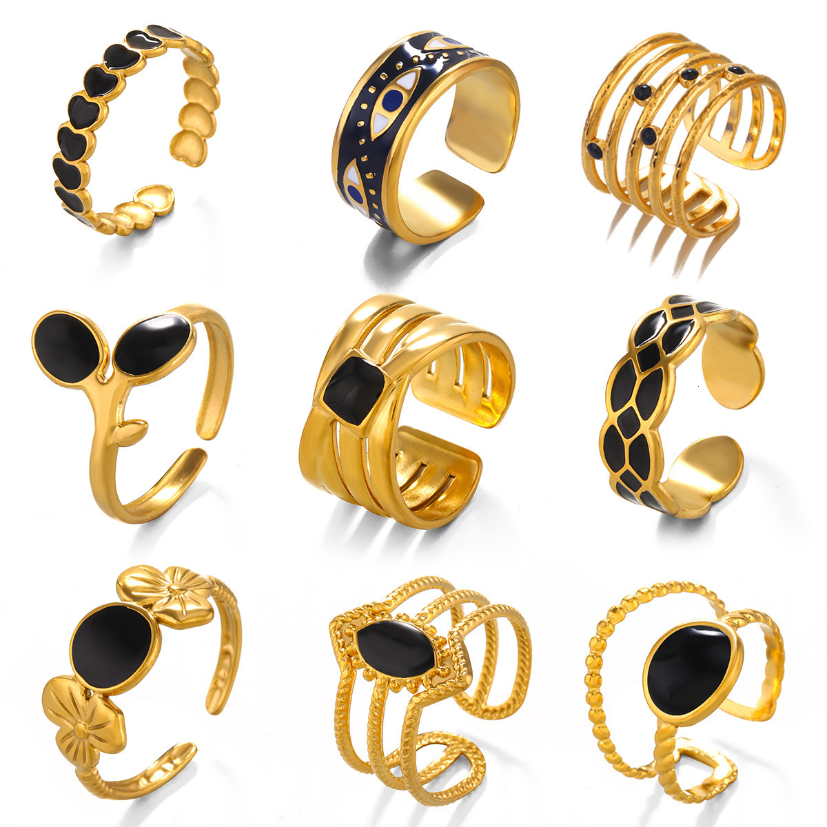 Fashionable Instagram style temperament, black drip oil geometric ring, female personality, gold-plated circular stainless steel ring