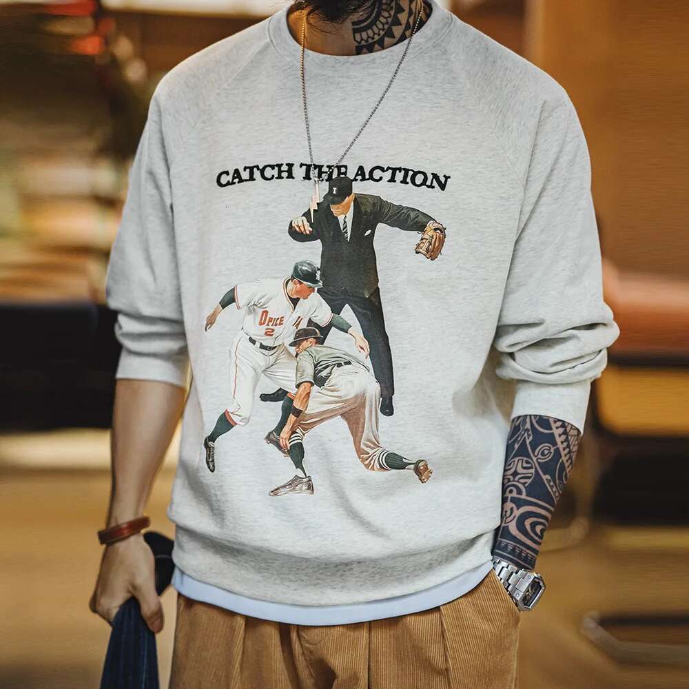 Maden Vintage Baseball Print Sweatshirt Heavyweight Letter Embroidery Loose Fit Hoodies Casual Crew Neck Top For Men's Spring Designer