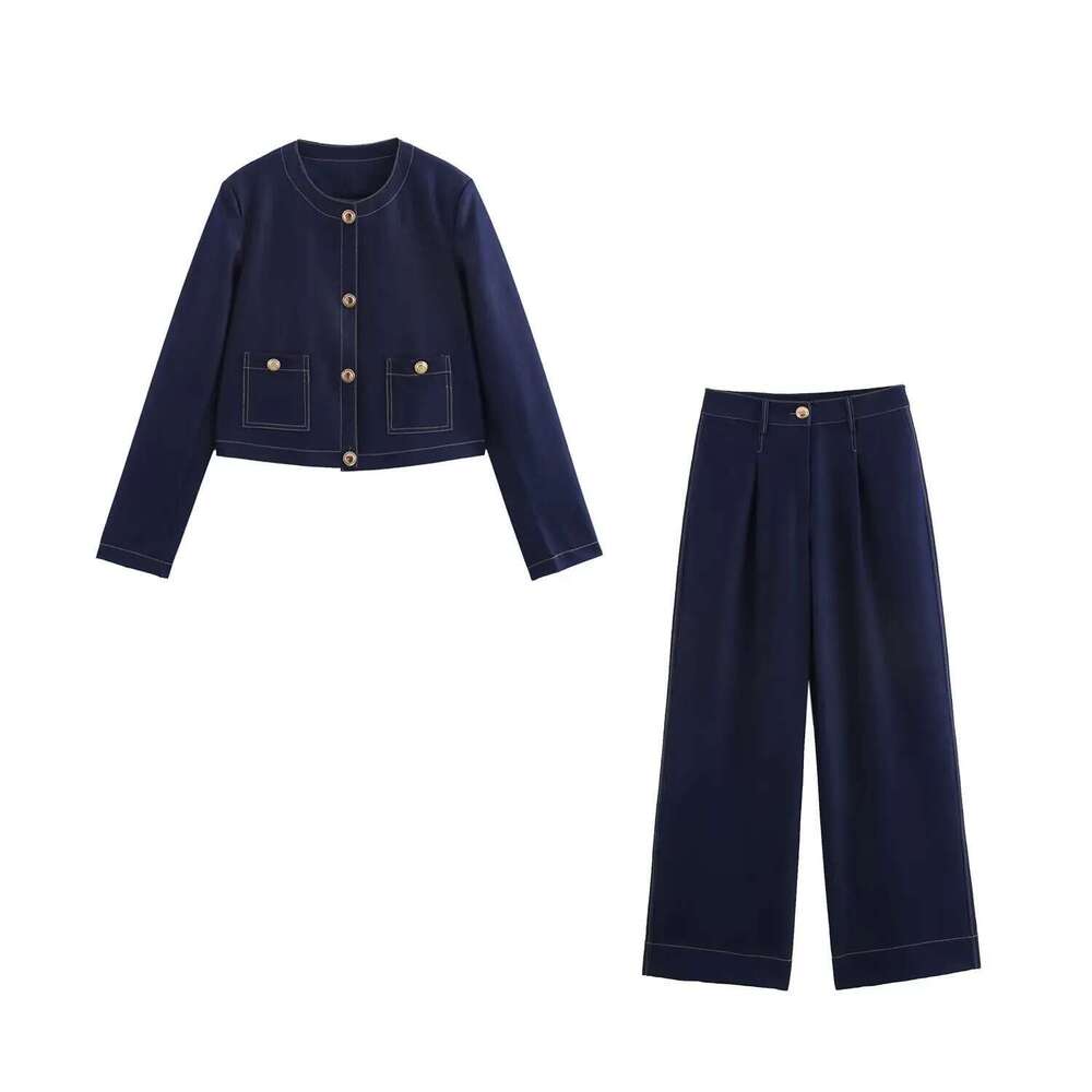 PB&ZA Women's Set Long sleeved Cropped Jacket with Gold Buttons Matching Wide - leg Pants for a Chic and Elegant Look
