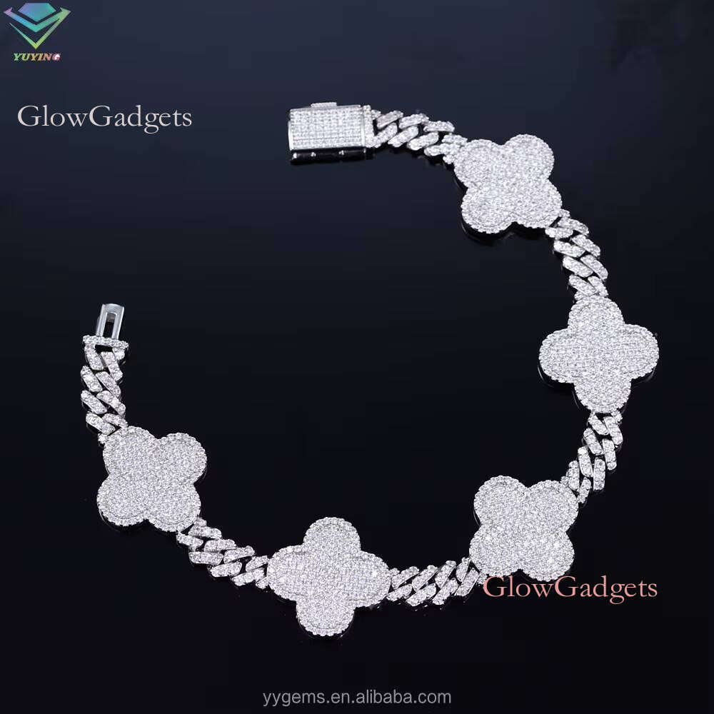 Lucky Four Leaf Clover Jewelry 6mm Wide Gold Plated VVS Moissanite For Men Sier Cuban Link Bracelet