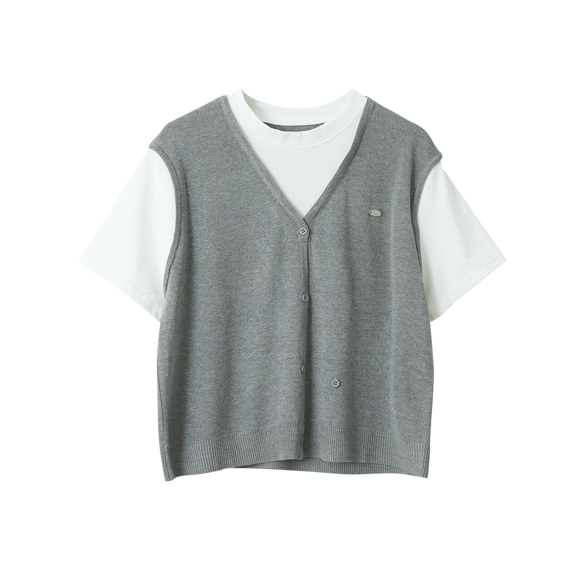 SL240 Korean style fake two-piece stitching short-sleeved knitted sweater for women