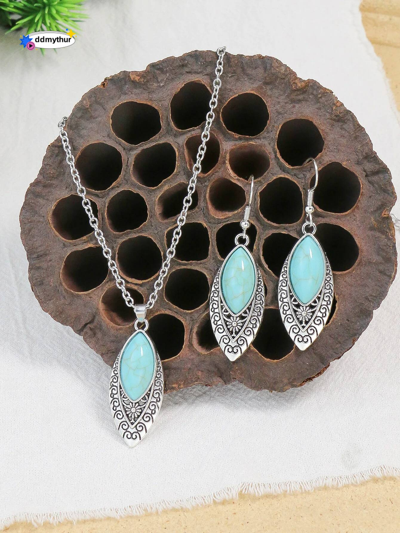 Ethnic Boho Turquoises Necklace Earring for Women Vintage Sier Plated Carved Flower Dangle Earrings Indian Jewelry Gift ddmythur