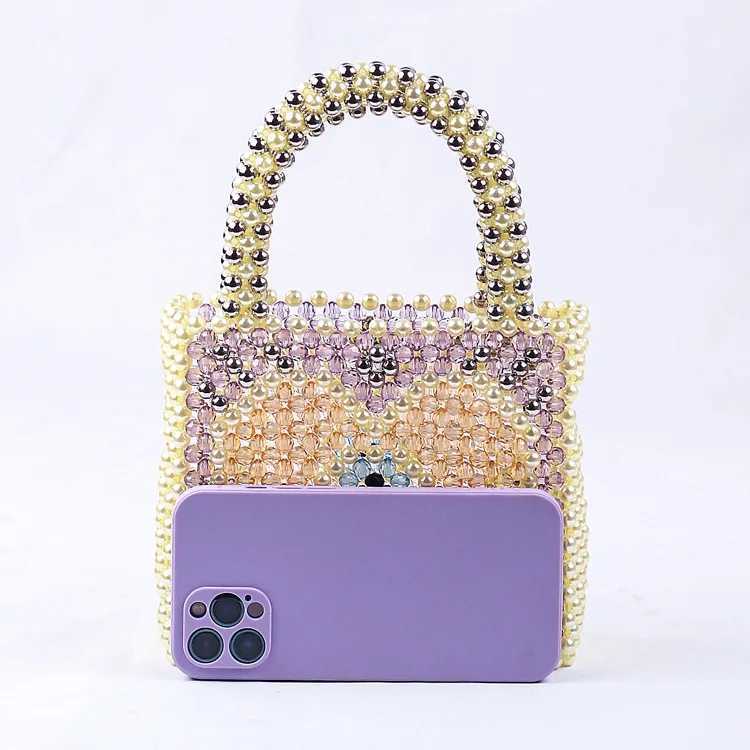 Light Blue Peach Handmade Fashion Heart Pearl Bag Beaded Bags For Women Floral Mini Handbags Women Bags Designer BagW250512
