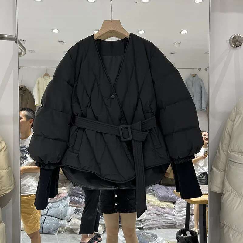 New Design Women Winter Jacket Solid Sashes Coat Female 90 White Duck Puffer Down Parka Sweet Office Outwear Designer