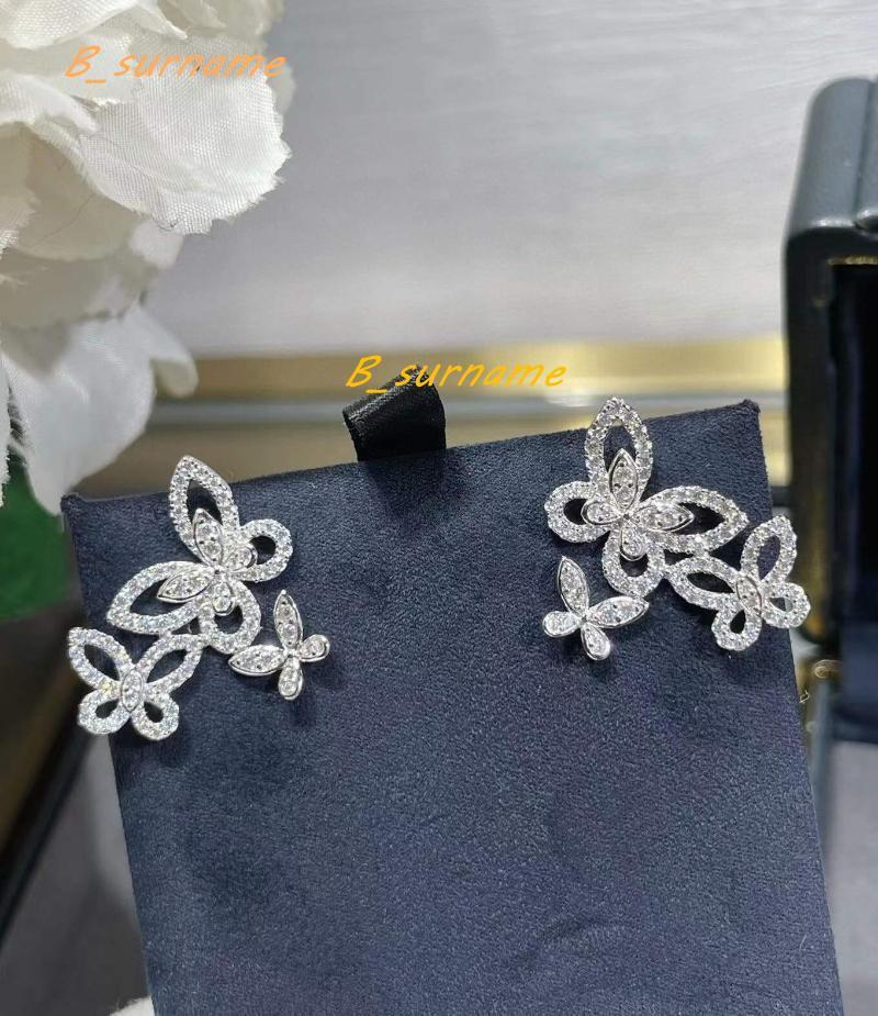 Stud Earrings Fashion Womens Three Butterfly Pear Zircon Earring 925 Sterling Silver Crystal Animal Wedding Party Jewelry