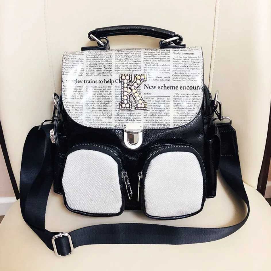 Female Casual News Paper Printing Iridescent Rhinestone Backpack Women Vegan Leather Travel Shiny Multi Pockets Daily Bagpack Z250512