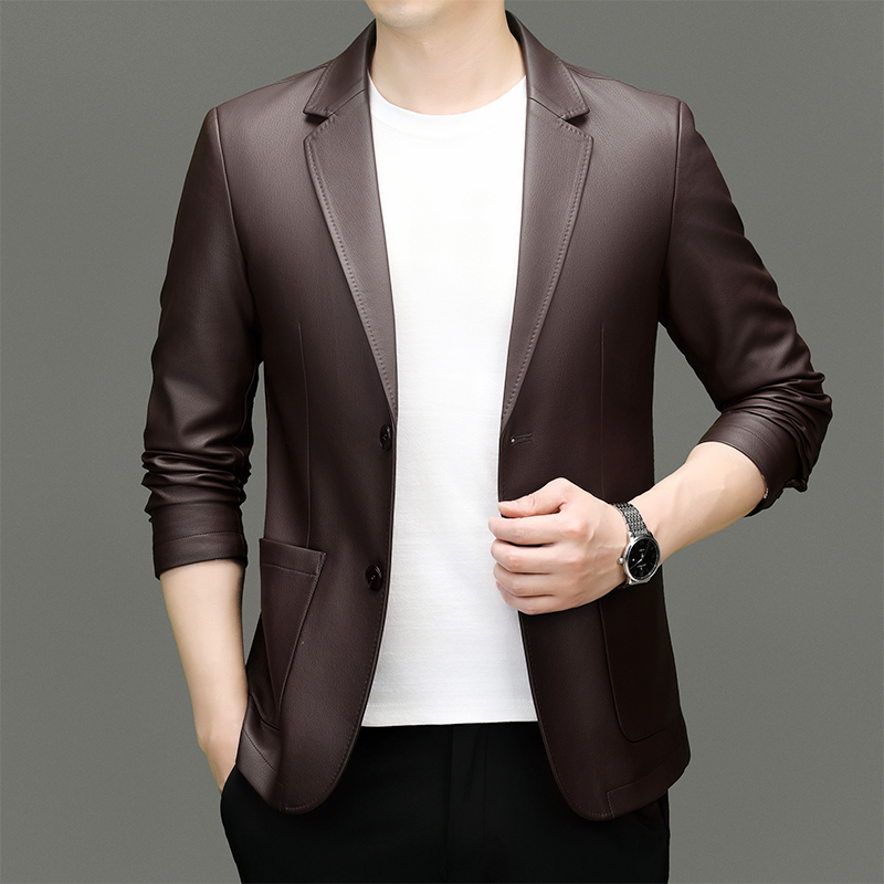Tailored Mens Water Resistant Leather Jacket with Notched Collar - Elegant Casual Wear 8557