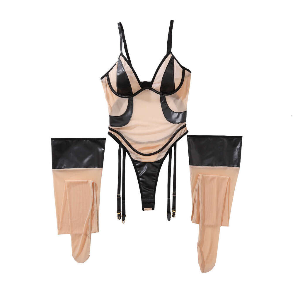 Patent Leather Sexy Lingerie Sexy Mesh PU Leather Patchwork Jumpsuit Leg Socks Ultra Thin Non Removable Lingerie Set KQ